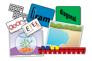 Old Kindergarten Bundle, showing 2 example Ten Frames Cards, 2 Target Vocabulary Pictures (gram and diagonal), 2 Early Grades Science Vocabulary Pictures cards (gear and lever), 2 story mats (fishbowl and lakeshore), and the floor number line